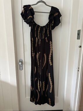 Black Maxi Dress with Gold Lei pua and Ruffle Shoulders